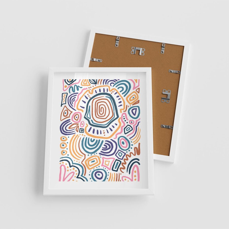 Plakat w ramie 40x50 - Strukturalne Odbicia Boho - kolorowe etniczne wzory, tęczowe żywe kolory - rama biała