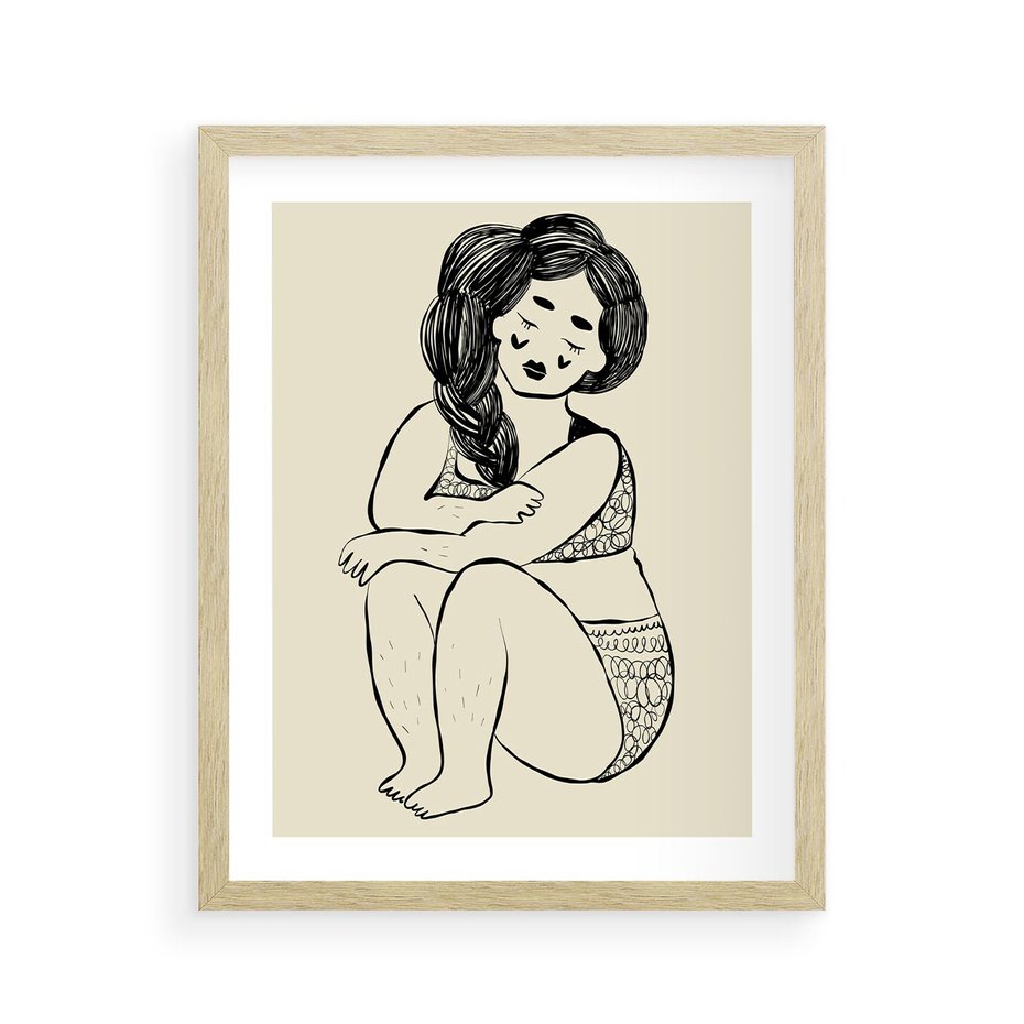 Plakat w ramie 40x50 - Migotliwe Refleksje - nowoczesny minimalistyczny rysunek, dziewczyna w bieliźnie - rama drewno