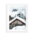 Plakat w ramie 50x70 - Domek w Górach w Białym Odcieniu - zima, domek w górach - rama biała
