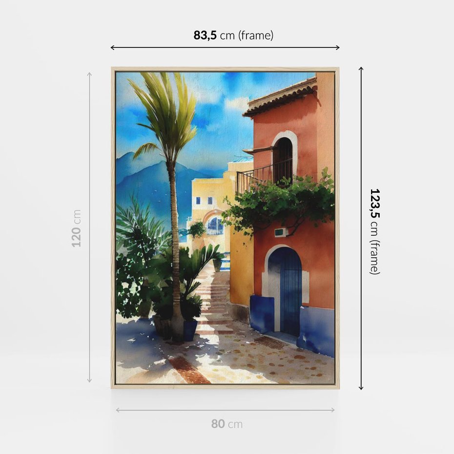 Obraz w ramie 80x120 - Spokój Miasta nad Morzem - akwarela, sródziemnomorski klimat - rama drewno