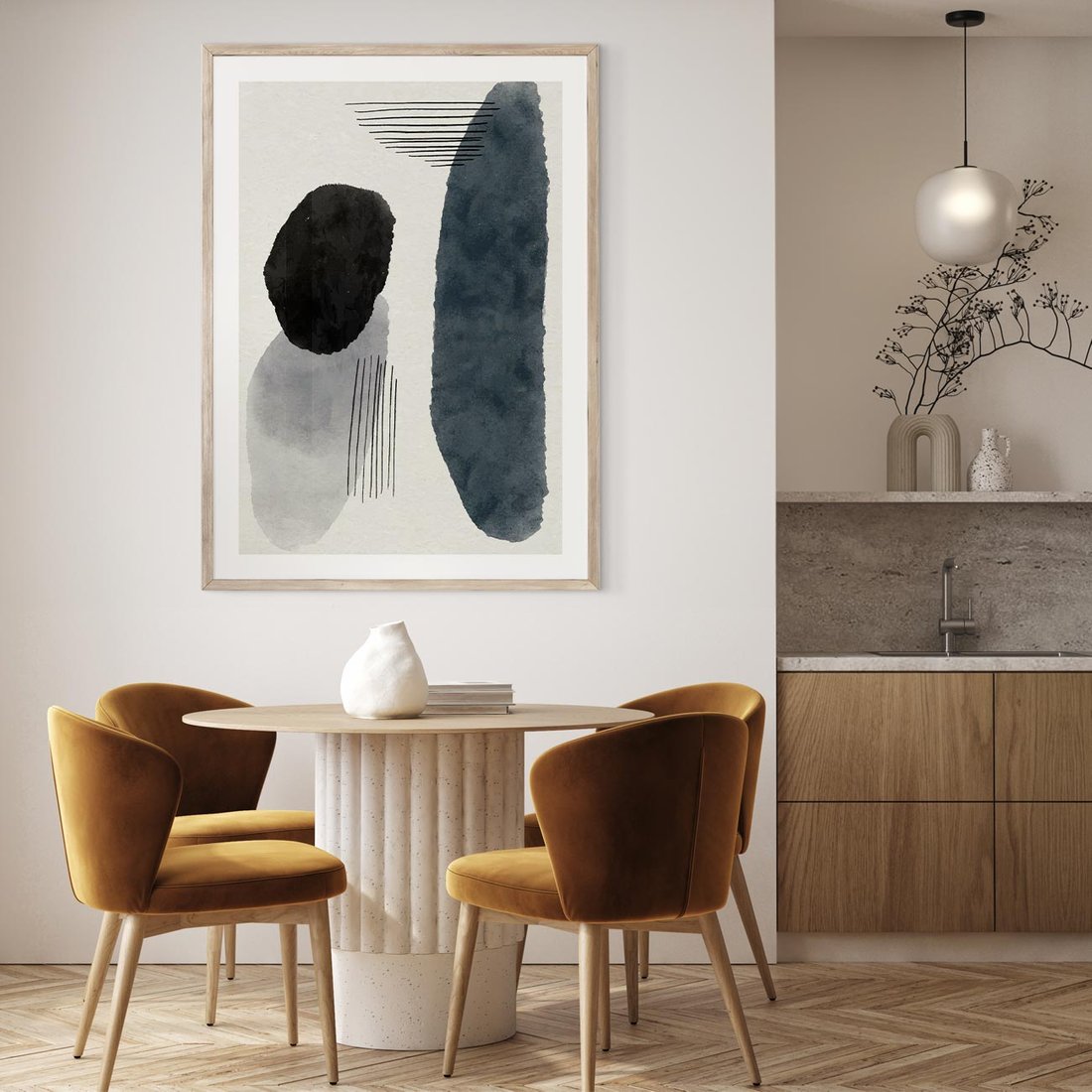 Plakat w ramie 40x50 - Abstrakcyjna Gra Szarości - abstrakcyjna grafika, akwarela - rama drewno