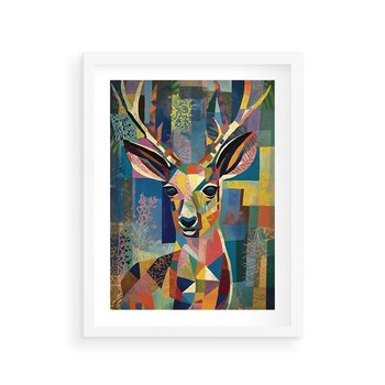 Plakat w ramie 30x40 - Bezgraniczne Kontury Zaskoczenia - abstrakcyjny obraz olejny, jeleń - rama biała