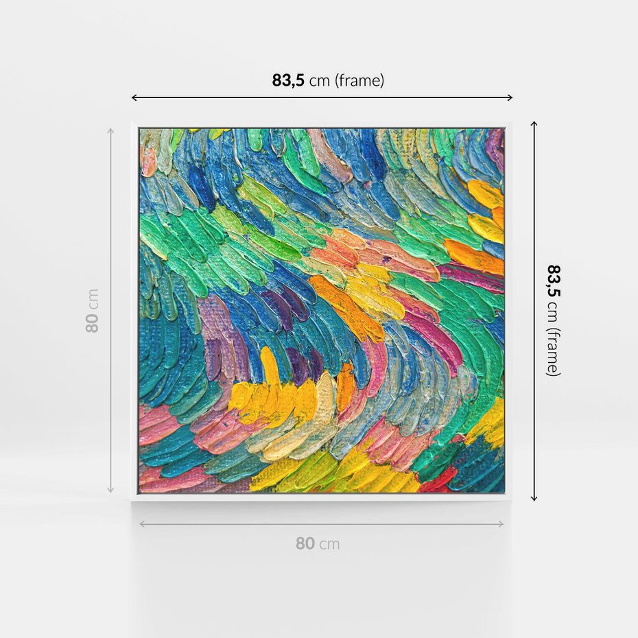 Obraz w ramie 80x80 - Egzotyczne Pióra - abstrakcyjne dzieło, farby olejne - rama biała