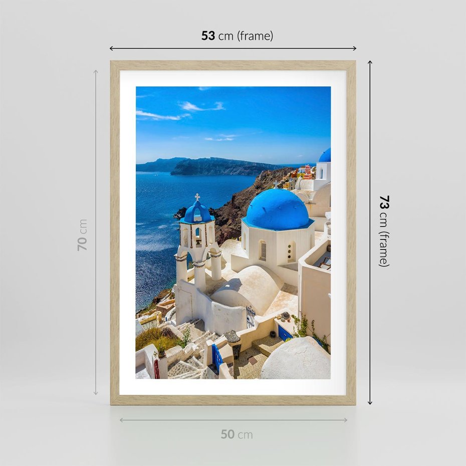 Plakat w ramie 50x70 - Urokliwy widok na Santorini - Santorini, widok - rama drewno