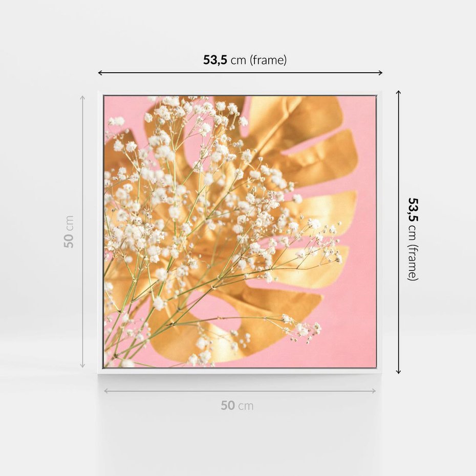 Obraz w ramie 50x50 - : Elegancja w Złocie - złote, liście - rama biała