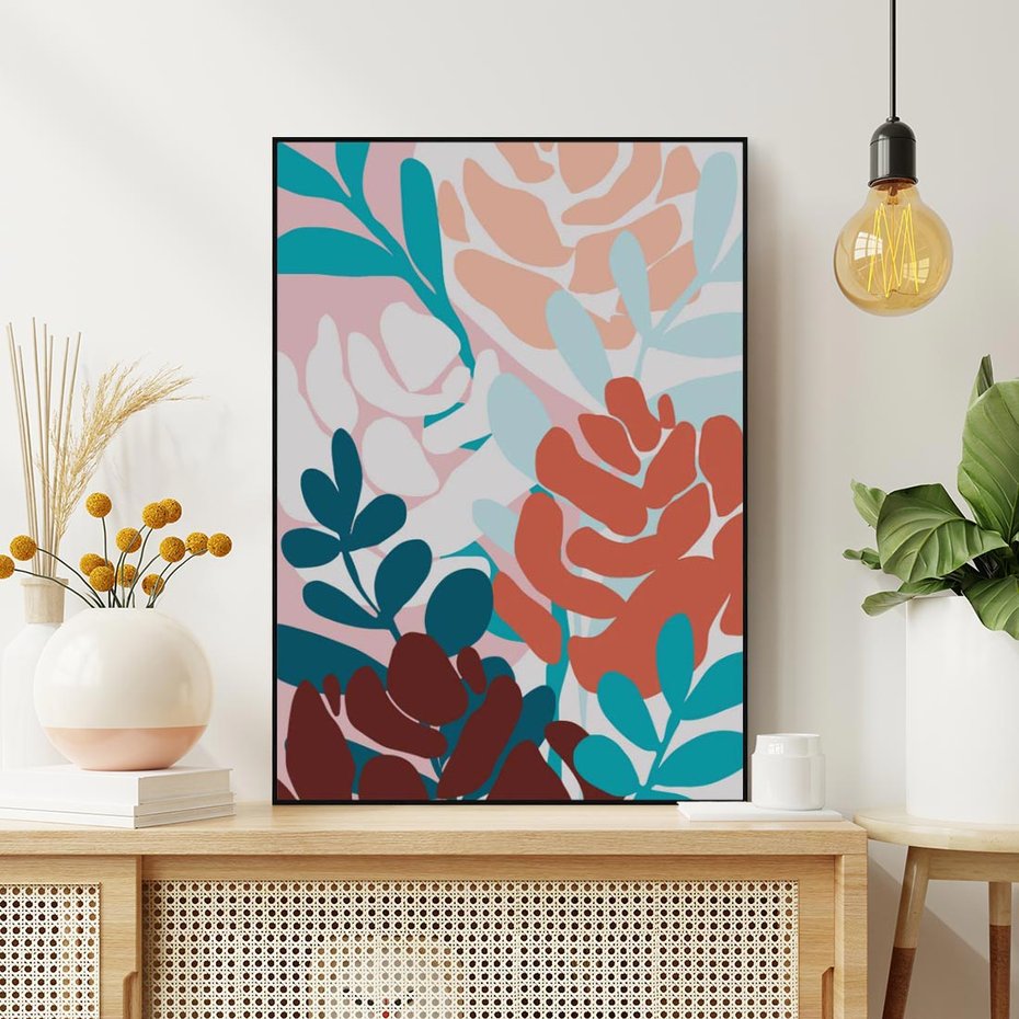 Obraz w ramie 70x100 - Impresje Kształtów - abstrakcyjna kompozycja kwiatowych form, kolor zgaszone - rama czarna