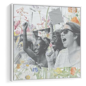 Obraz w ramie 50x50 - Księga zaklętych marzeń - kolaż, czarnobiałe zdjęcie wesołych młodych ludzi - rama biała