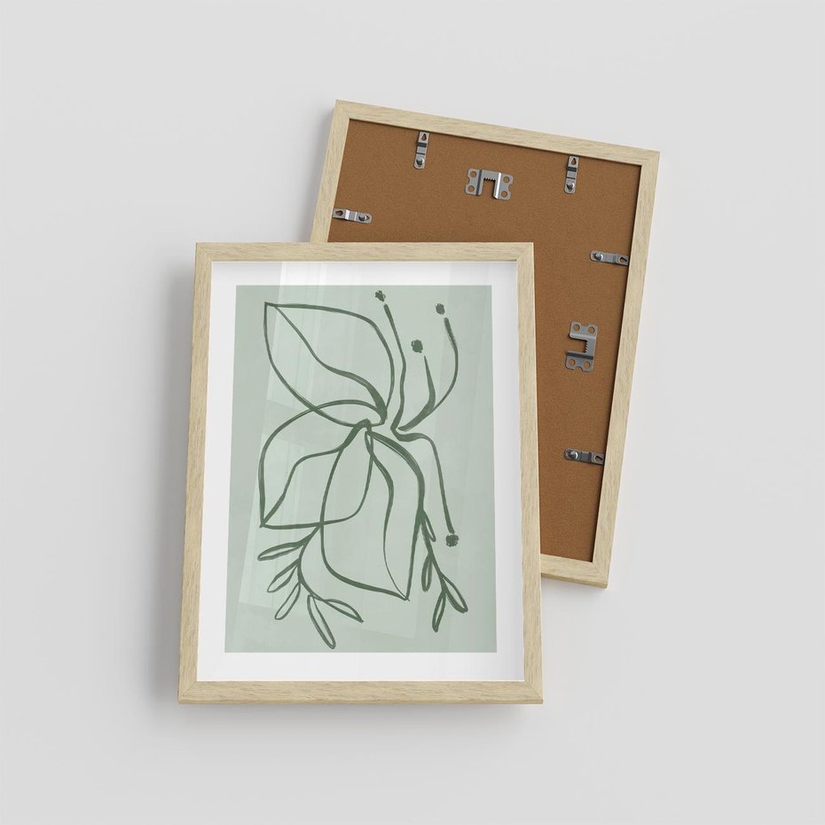 Plakat w ramie 30x40 - Energetyczne Odrodzenie Natury - abstrakcyjne delikatne zielone linie, podobne do gałęzi kwiatów - rama drewno