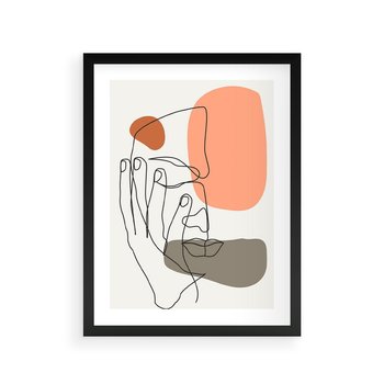 Plakat w ramie 30x40 - Ekspresja Kolorów: Szkic - one line szkic twarzy, kolorowe plamy - rama czarna