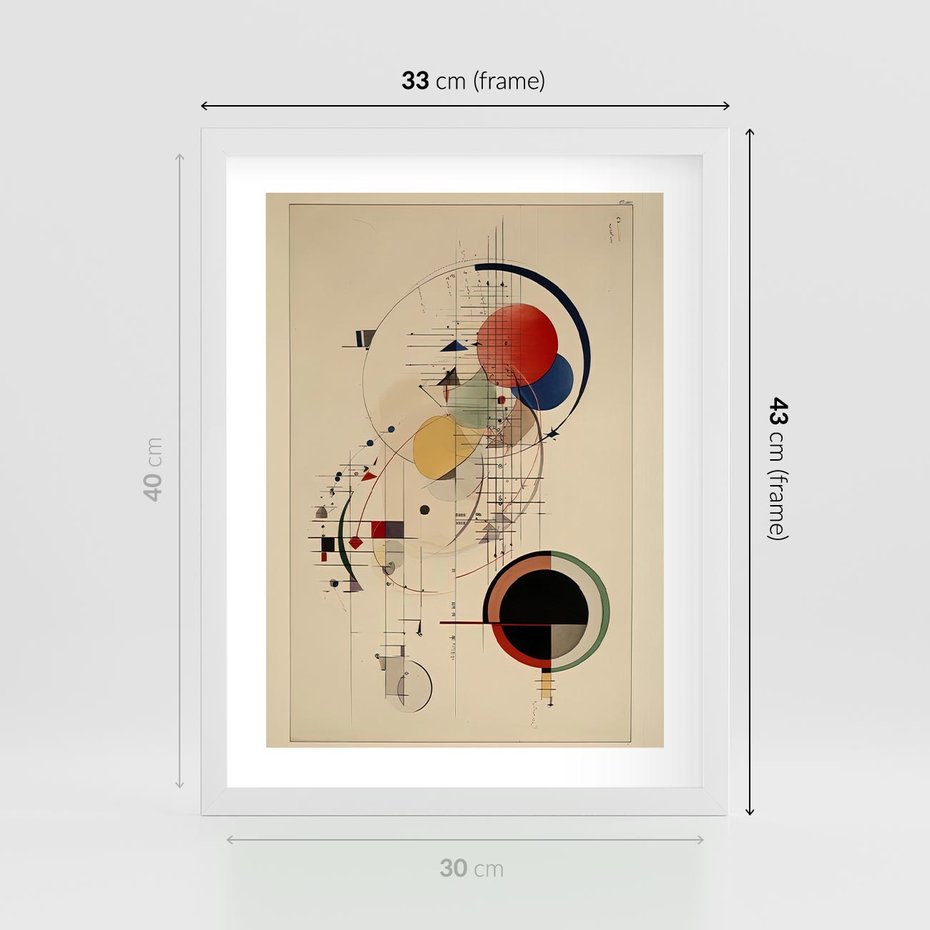 Plakat w ramie 30x40 - Impulsy Wydobyte z Cienia - abstrakcyjna geometryczna kompozycja, koła linie - rama biała
