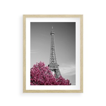 Plakat w ramie 40x50 - Różowy Paryż - czarno białe zdjęcie, wieża eiffla - rama drewno