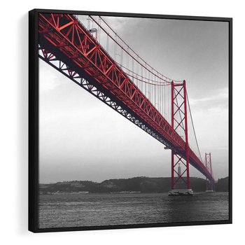 Obraz w ramie 50x50 - Majestatyczny Most - czarno biała fotografia, czerwony stalowy most nad rzeką - rama czarna