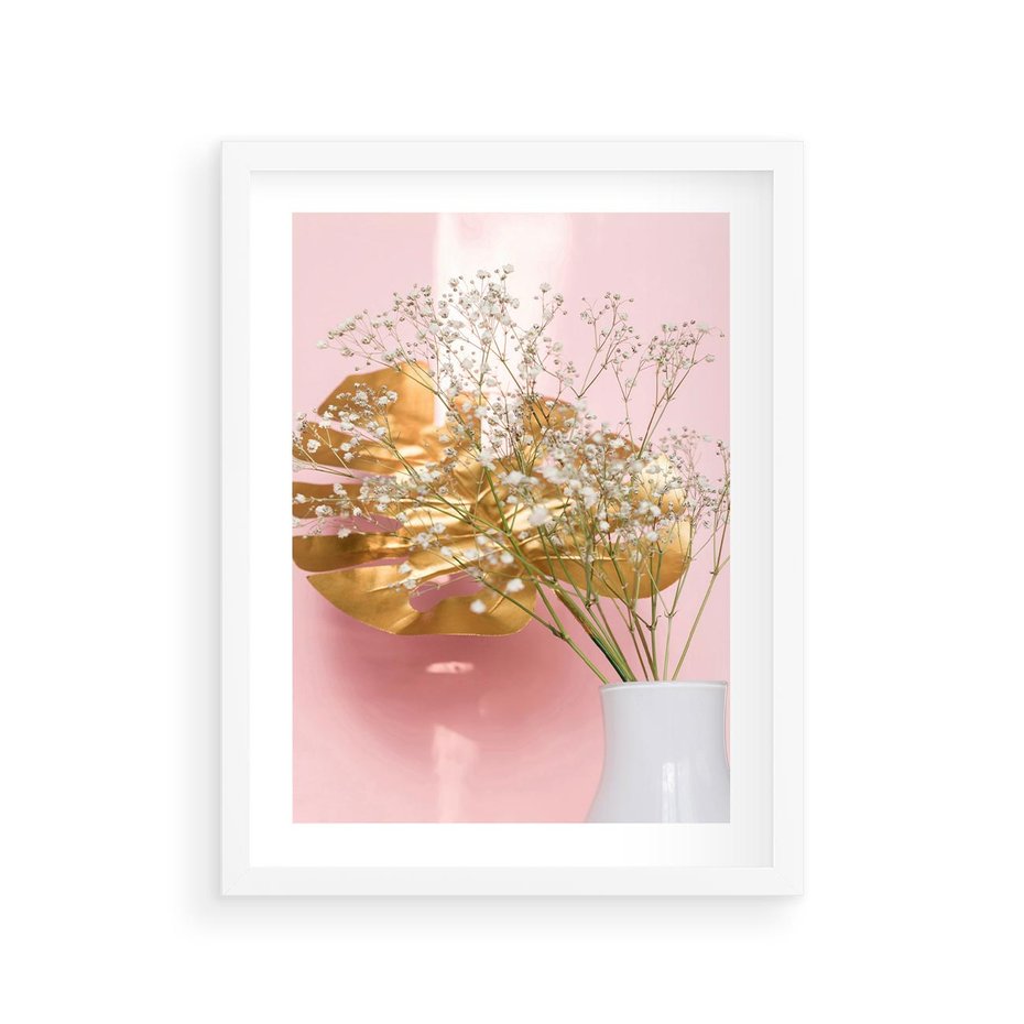 Plakat w ramie 30x40 - Złoty Akcent - złoty liść montery, gipsówka - rama biała