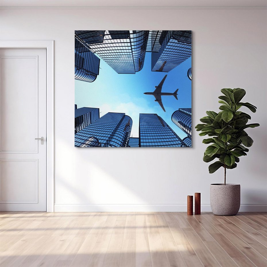 Obraz na płótnie 80x80 - Miasto o niezwykłym widoku - latające samoloty - miasto, samolot