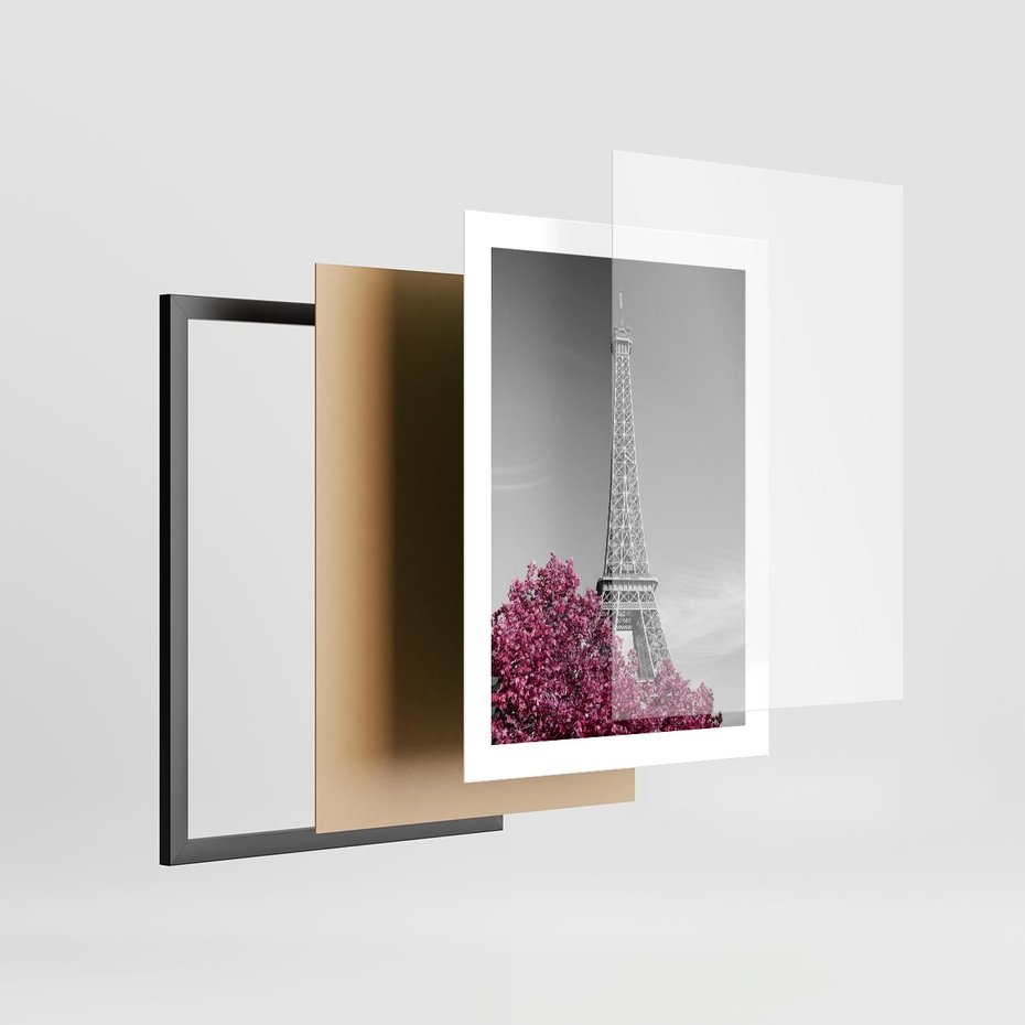 Plakat w ramie 30x40 - Różowy Paryż - czarno białe zdjęcie, wieża eiffla - rama czarna