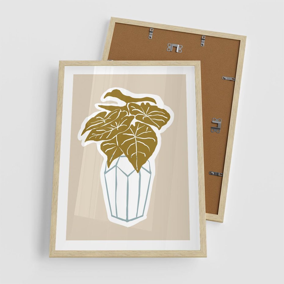 Plakat w ramie 50x70 - Bezgraniczne Marzenia - nowoczesna kompozycja, liście monstery w wazonie - rama drewno