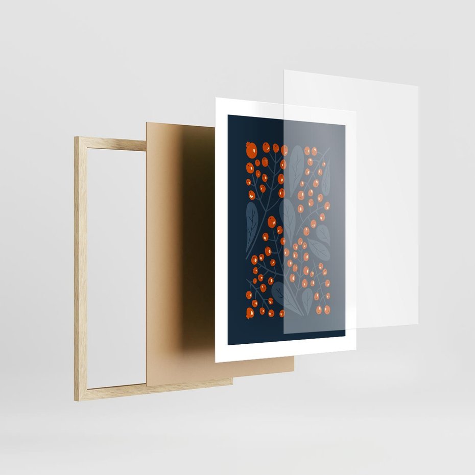 Plakat w ramie 30x40 - Symfonia liści i owoców - granatowe tło, pomarańczowe owoce jarzębiny - rama drewno