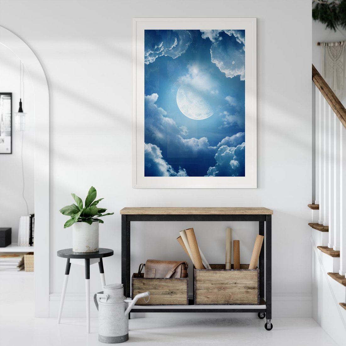 Plakat w ramie 30x40 - Księżycowe Chmury - księżyc, chmury - rama biała