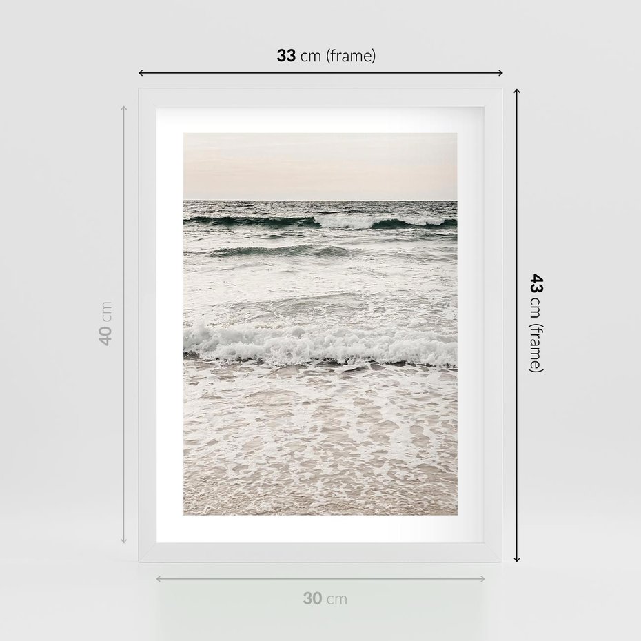 Plakat w ramie 30x40 - Szarość Morza - morze, fale - rama biała