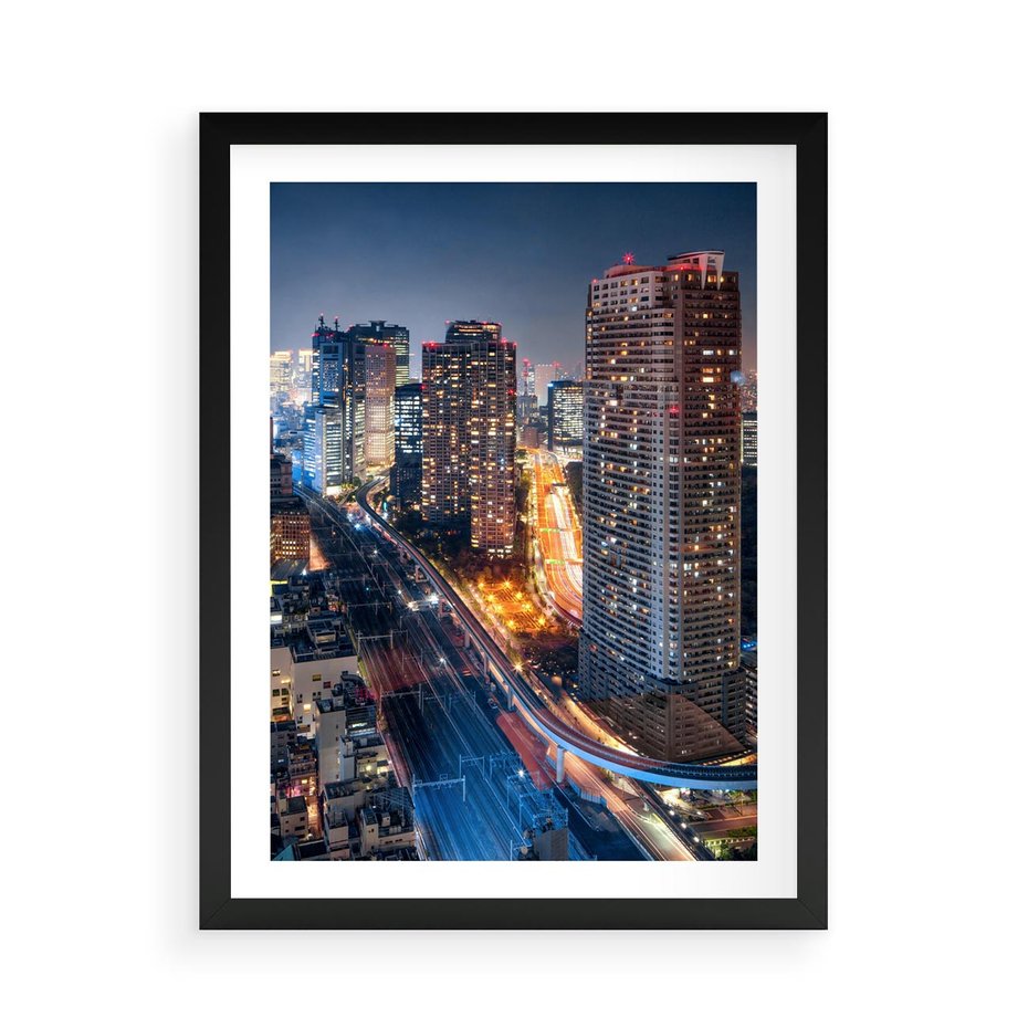 Plakat w ramie 50x70 - Miasto nocą z wieżowcami w tle - miasto, nocą - rama czarna