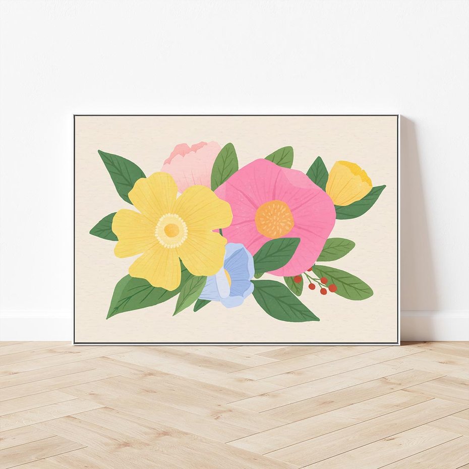 Obraz w ramie 120x80 - Kwiatowy Uśmiech - kwiaty, akwarela - rama biała