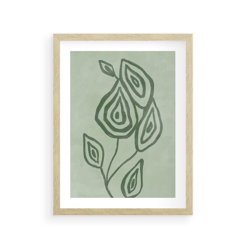Plakat w ramie 30x40 - Szmaragdowy Oddech - abstrakcyjne delikatne zielone linie, podobne do gałęzi kwiatów - rama drewno