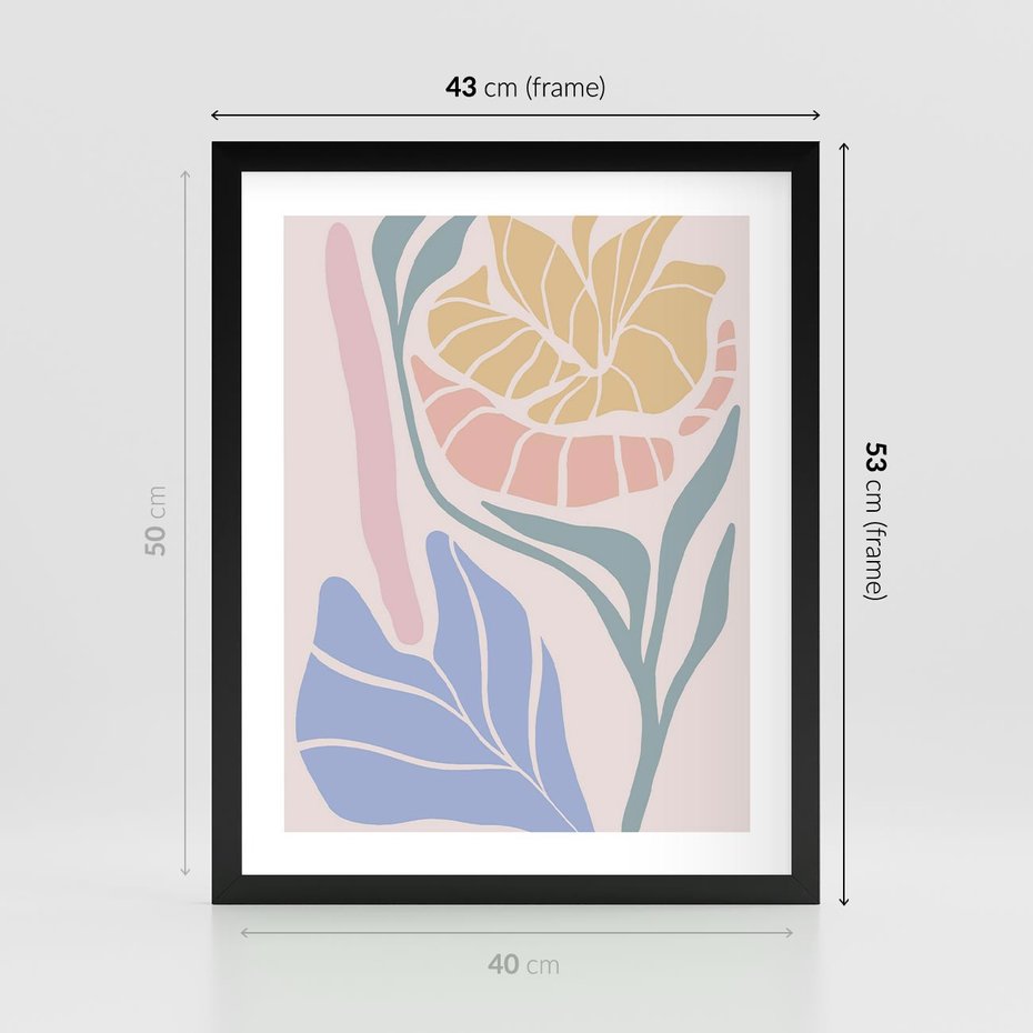 Plakat w ramie 40x50 - Wyjątkowe Ukojenie - pastelowe kwiaty, na beżowym tle - rama czarna