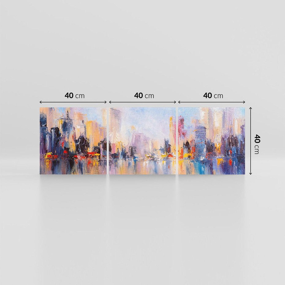 Obraz na płótnie 120x40 - Miasto Refleksji - olejna panorama miasta w oddali, wiezowce odbijają się w rzece