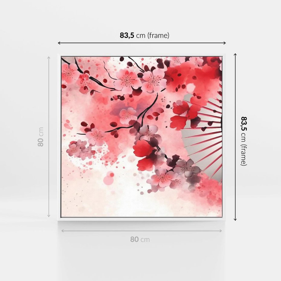 Obraz w ramie 80x80 - Szept Kwitnącej Wiśni - japoński parasol, liście - rama biała