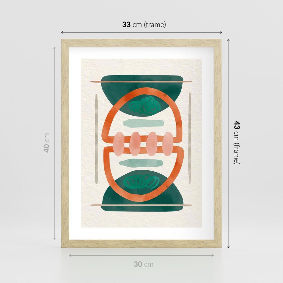 Plakat w ramie 30x40 - Oryginalny obraz abstrakcyjny w nowoczesnym stylu. Geometryczne akwarelowe kształty w intensywnych odcieniach zieleni i pomarańczu. Doskonała dekoracja dla miłośników sztuki. - abstrakcyjny obraz, sztuka nowoczesna - rama drewno