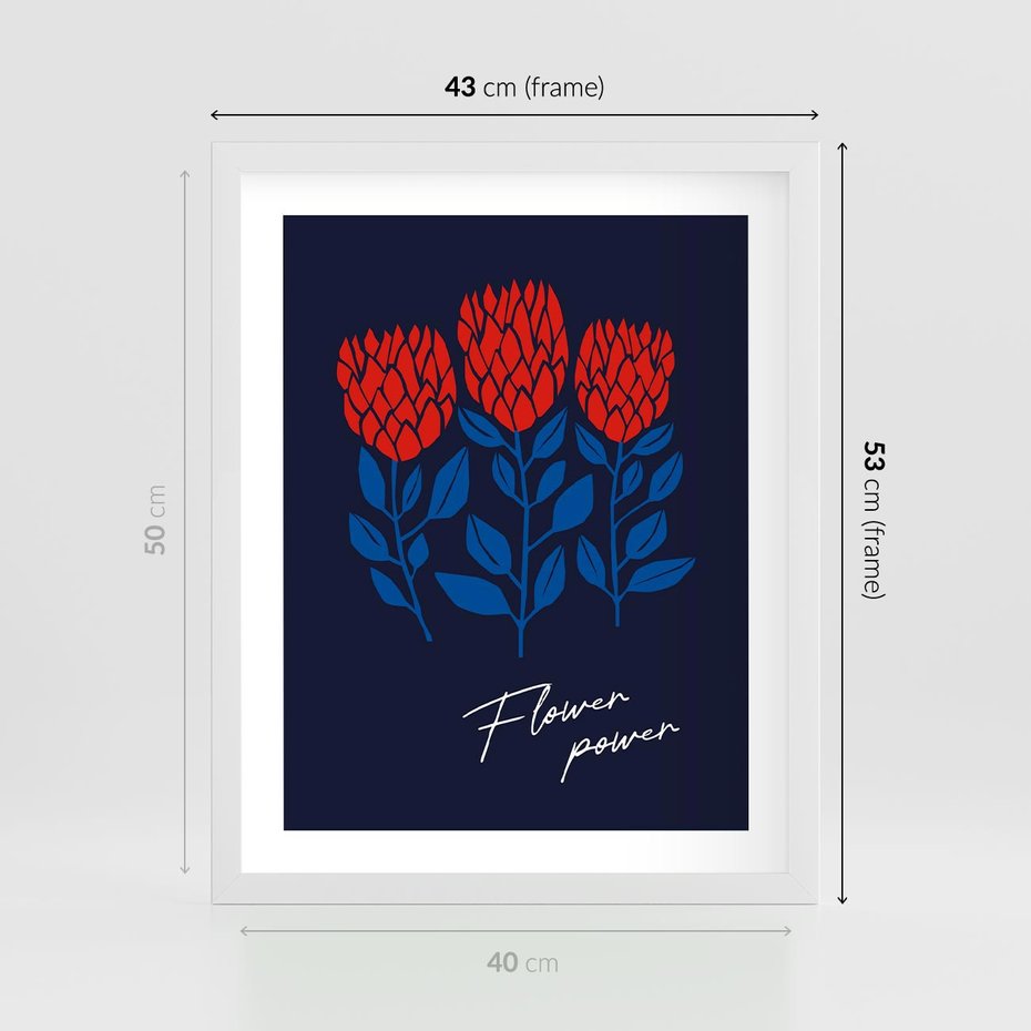 Plakat w ramie 40x50 - Podróżne Barwy - czerwone abstrakcyjne kwiaty, granatowe tło - rama biała