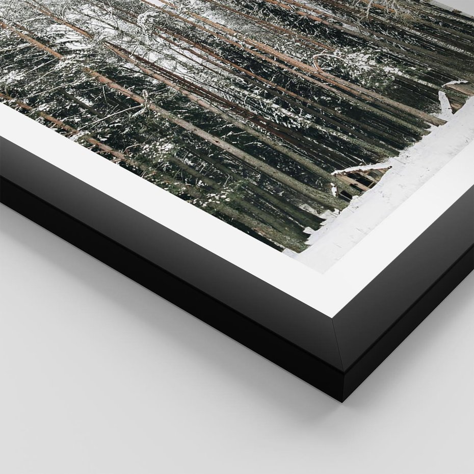 Plakat w ramie 40x50 - Sypiący Śnieg - las w zimie, drzewa pod śniegiem - rama czarna