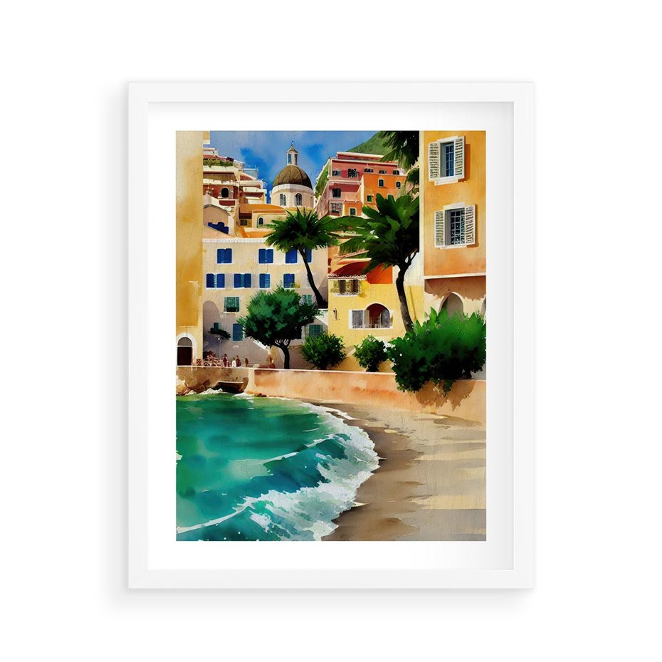 Plakat w ramie 40x50 - Zamieszkajmy Tu - akwarela, śródziemnomorski klimat - rama biała