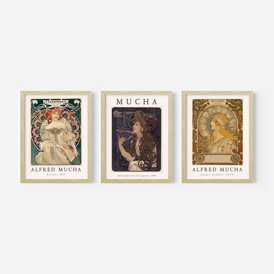 Zestaw obrazy w ramie 50x70 galeria - Mucha, secesja, plakat, kobieta - rama drewno