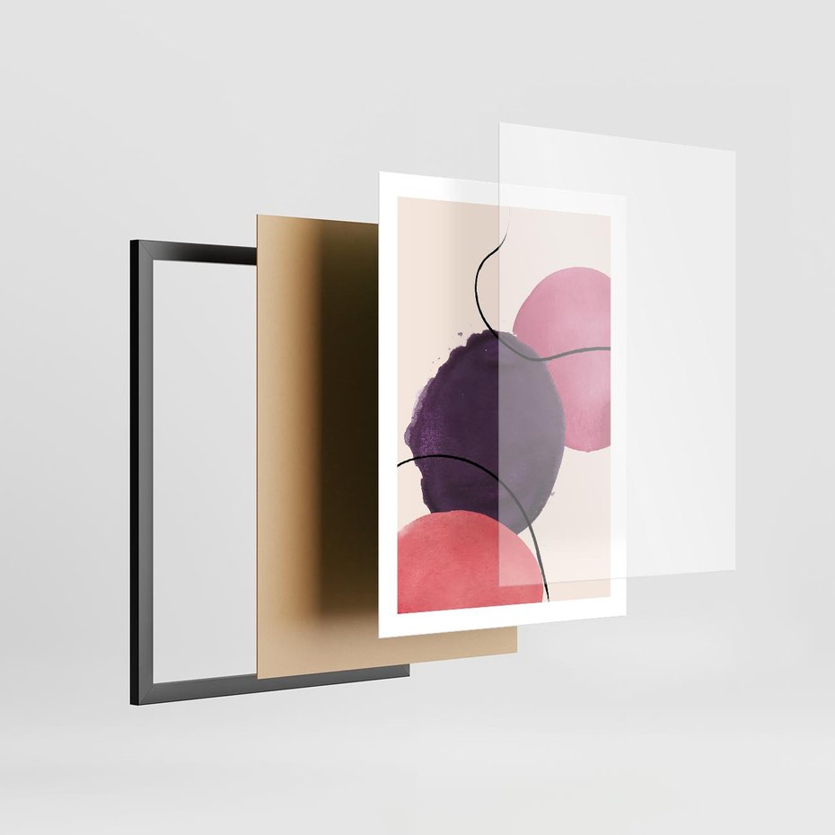 Plakat w ramie 50x70 - Migotliwe Widzenia - abstrakcyjne akwarelowe plamy, nieregularne linie - rama czarna