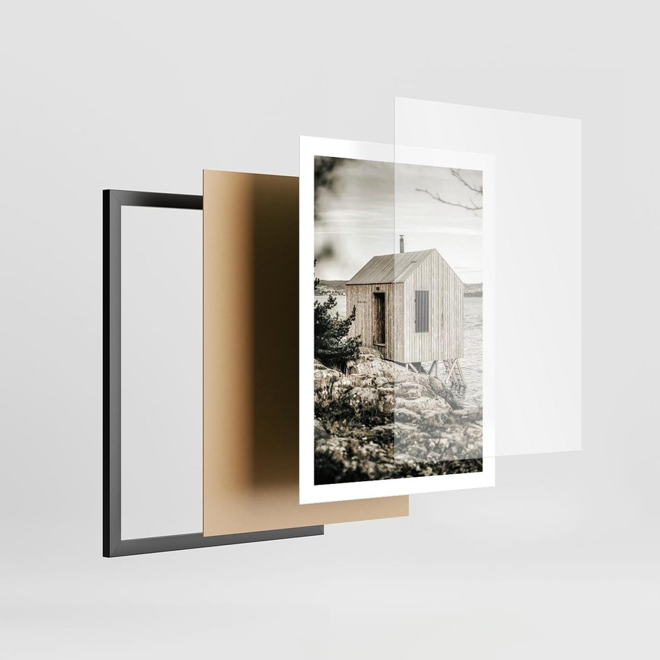 Plakat w ramie 50x70 - Nostalgiczna Oaza - rustykalny domek, domek nad jeziorem - rama czarna