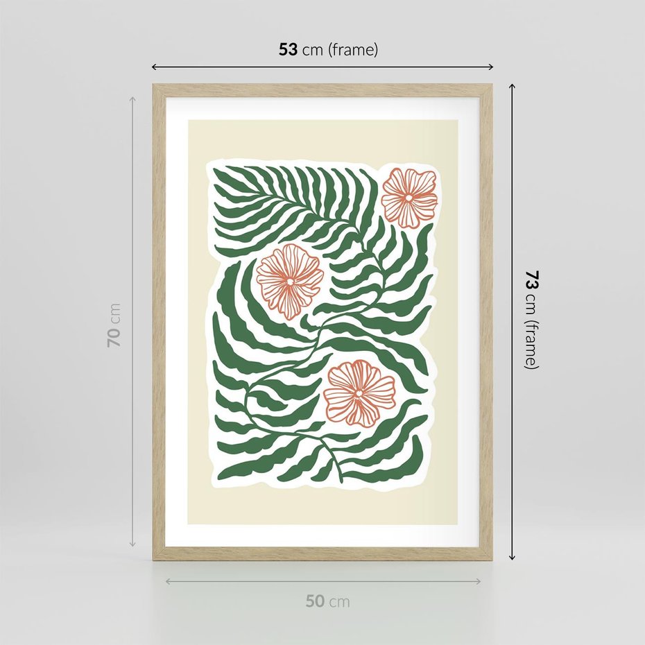 Plakat w ramie 50x70 - Migocące Wzory - abstrakcyjna kompozycja, paprocie - rama drewno