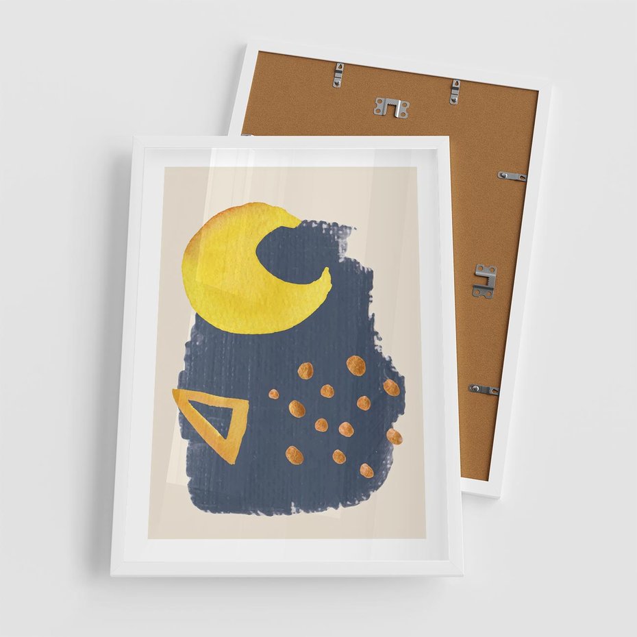 Plakat w ramie 50x70 - Migocące Nocne Barwy - abstrakcyjna akwarelowa plama, granatowa - rama biała