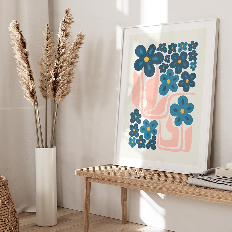 Plakat w ramie 30x40 - Niebieskie Refleksje - niebieskie kwiaty, niezapominajki - rama biała