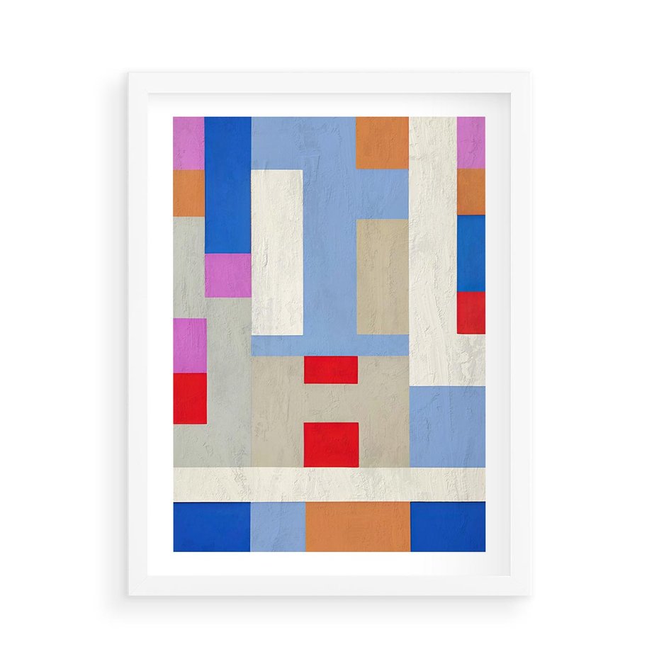 Plakat w ramie 50x70 - Bezczasowe Przenikanie Kształtów - abstrakcyjne geometryczne kształty, olejny obraz - rama biała