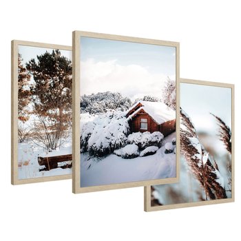 Zestaw obrazy w ramie 50x70 galeria - Zachód, słońca, zima, chatka, retro, boho - rama drewno