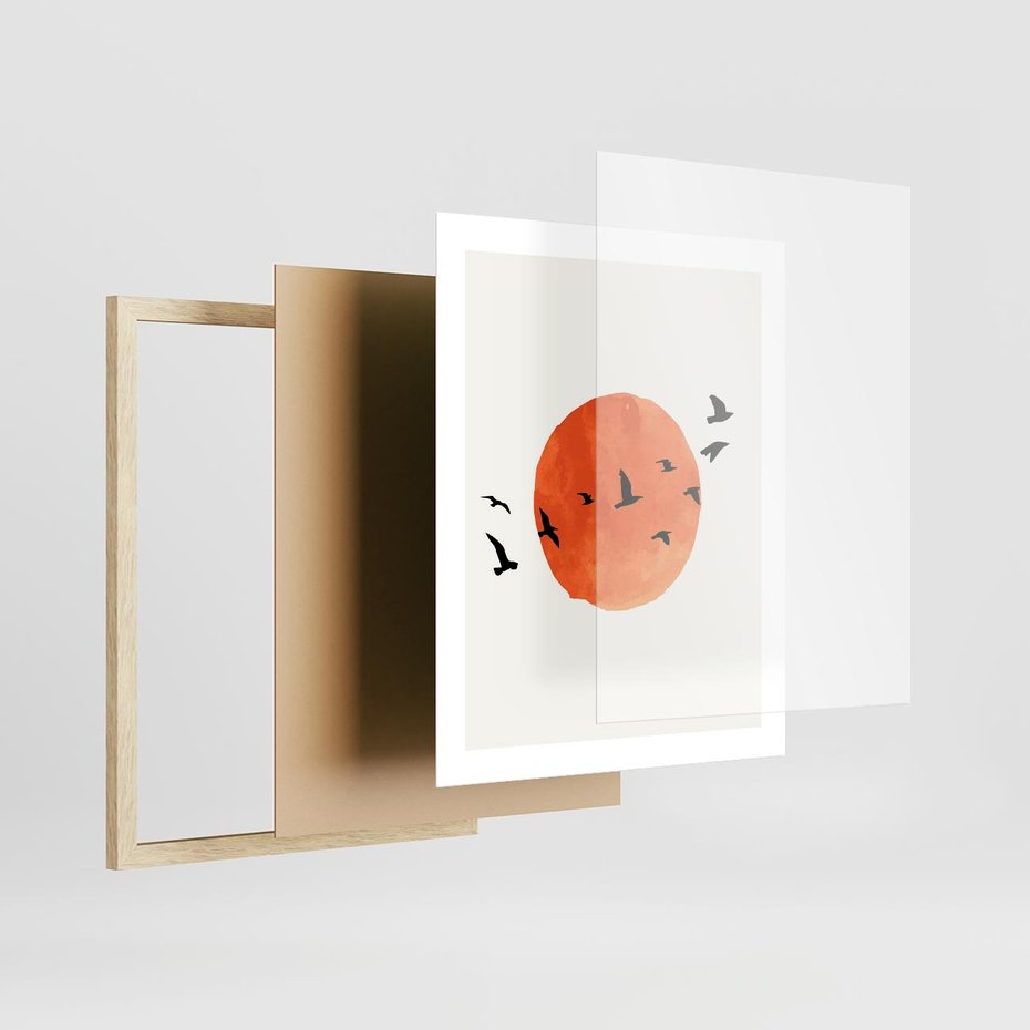 Plakat w ramie 40x50 - Zachód Słońca i Ptaki - grafika akwarela, czarne ptaki na tle zachodu słońca - rama drewno