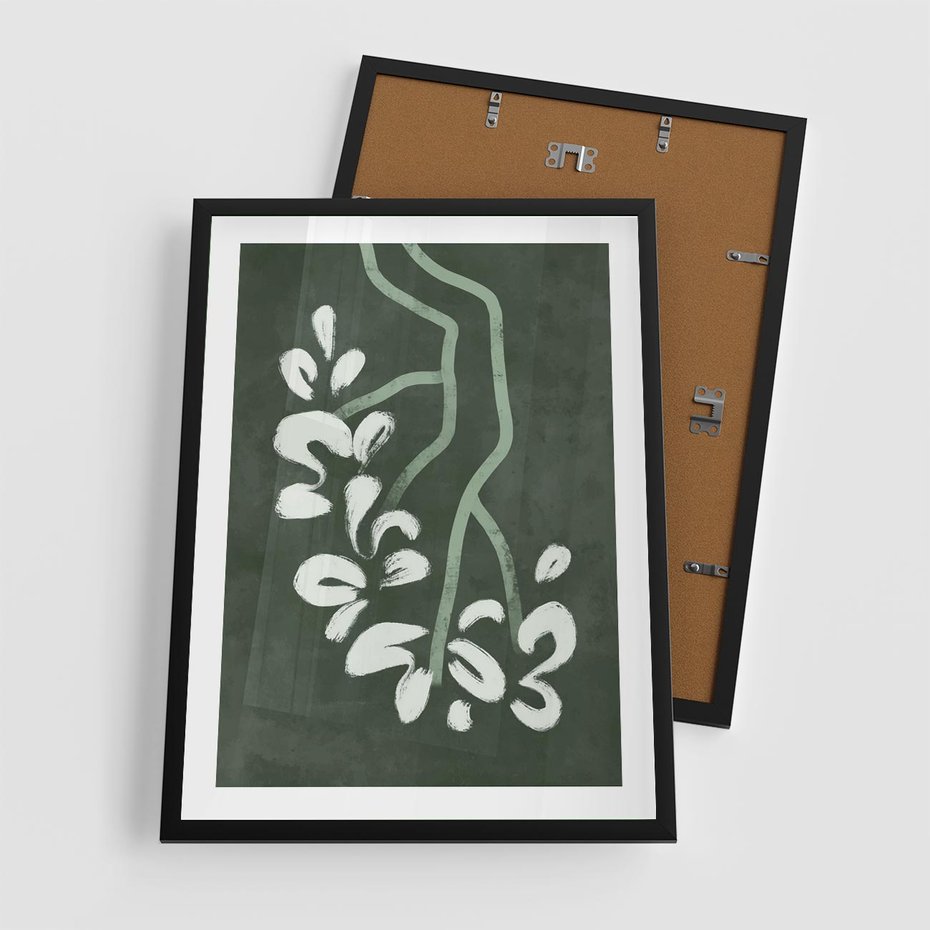 Plakat w ramie 50x70 - Rozkwitające Zielone Gałęzie - abstrakcyjne delikatne zielone linie, podobne do gałęzi kwiatów - rama czarna