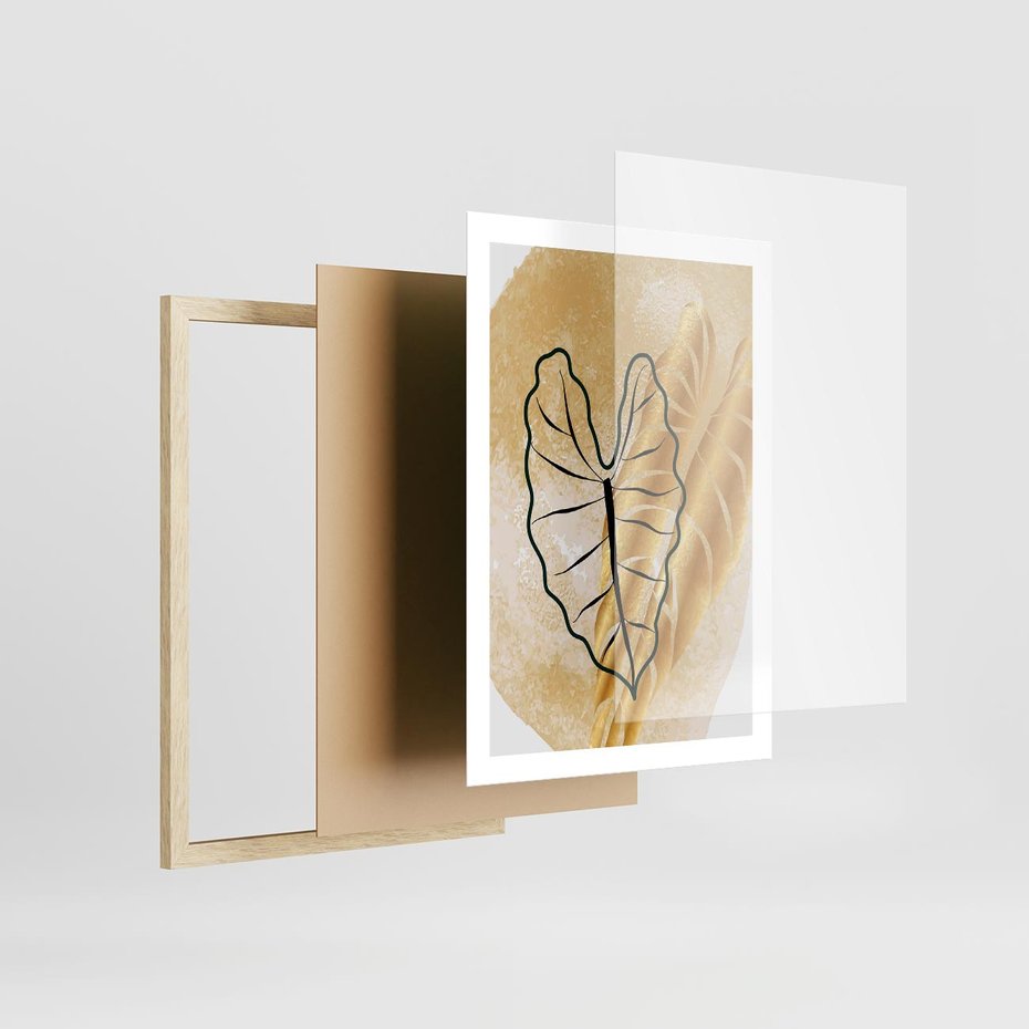 Plakat w ramie 50x70 - Monstera w Złocie - złote liście monstery, grafika - rama drewno