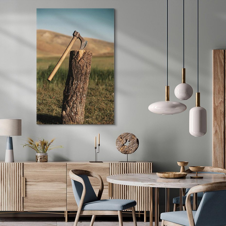 Obraz na płótnie 80x120 - Lasowa siła w drewnie - las, siekiera