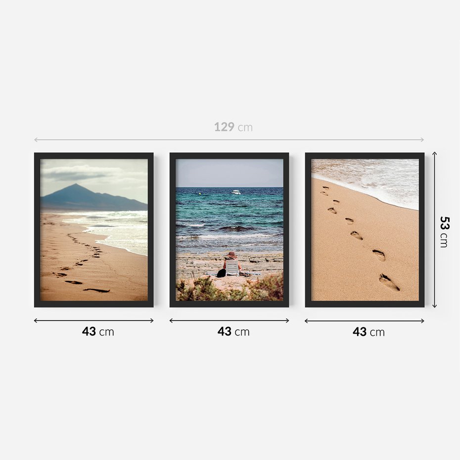 Zestaw obrazy w ramie 40x50 galeria - Plaża, zachód, słońca, ślady - rama czarna