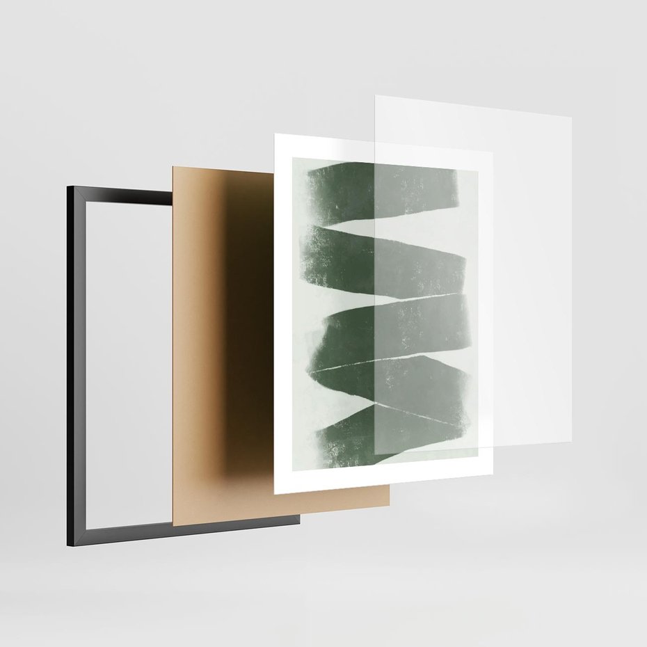 Plakat w ramie 40x50 - Zielone Refleksje - abstrakcja, zgaszony zielony kolor - rama czarna