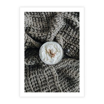 Plakat bez ramy 30x40 - Relaks z Kawą i Kocem - ciepły wełniany koc, kawa z bitą śmietaną