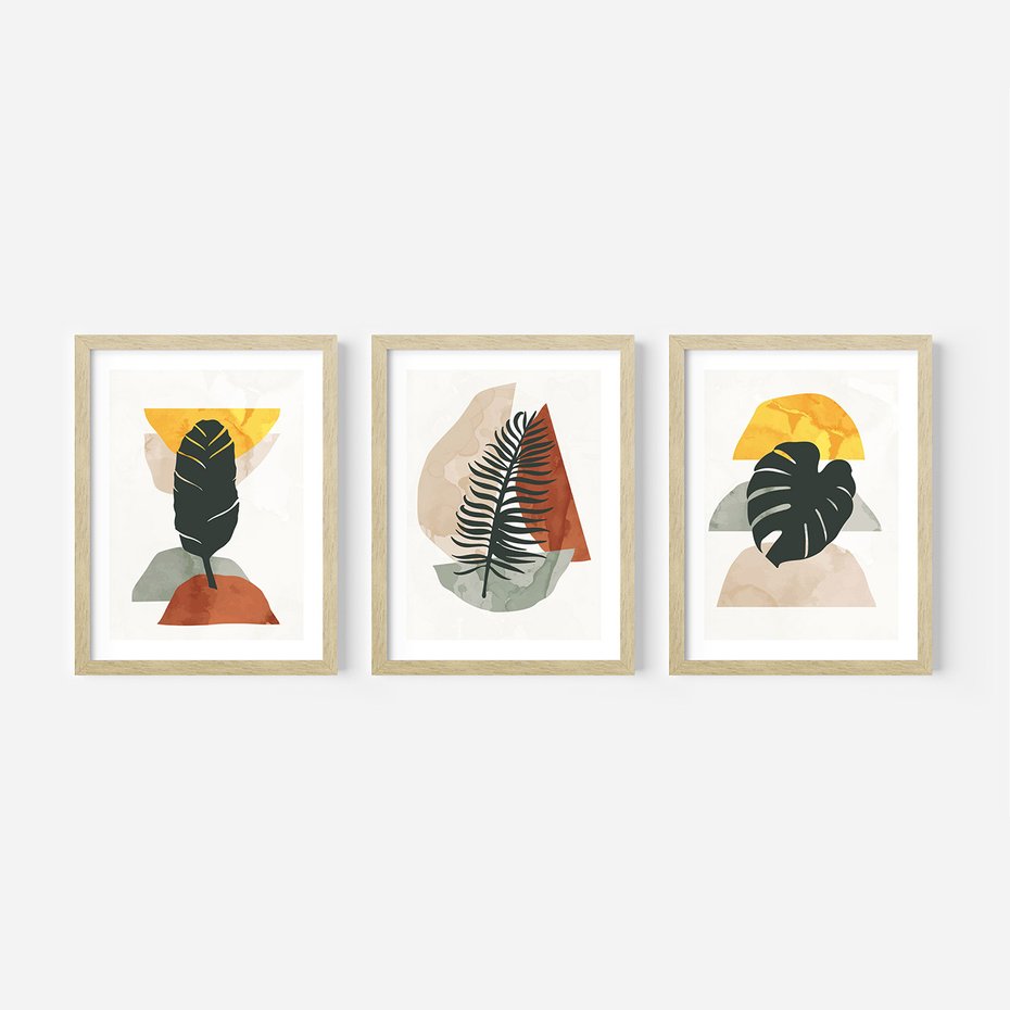 Zestaw obrazy w ramie 40x50 galeria - Liście, boho, palma - rama drewno