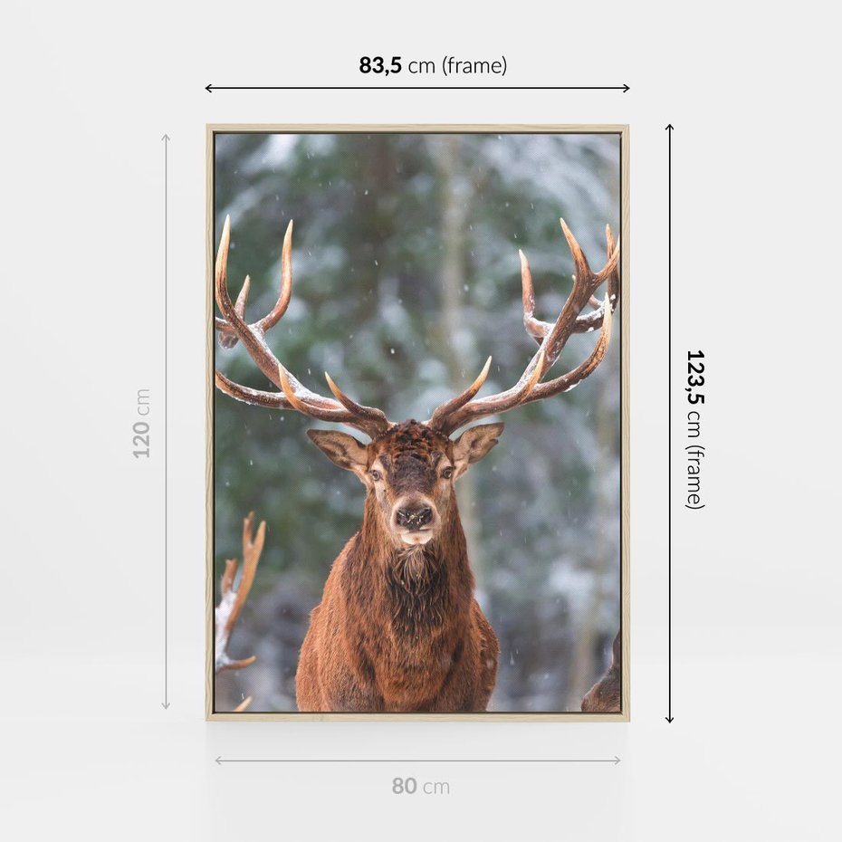 Obraz w ramie 80x120 - Monarcha Zimowej Dziczy - jeleń, zima - rama drewno